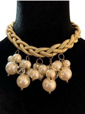 Jules B Statement Necklace Metallic Gold Tone Faux Pearl Beaded Fringe Womens